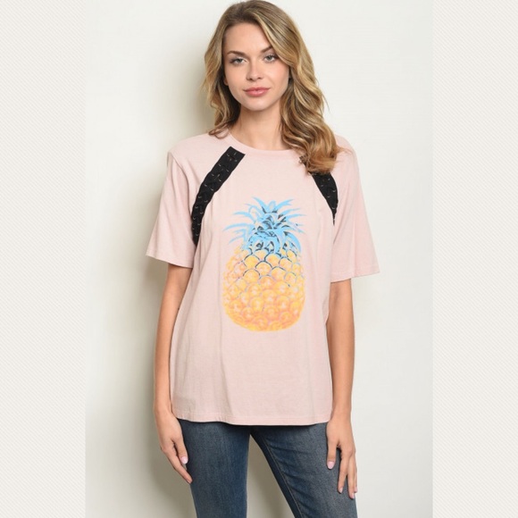 S M L Pineapple Blush Lace Up Top Shirt Blouse - Picture 2 of 3